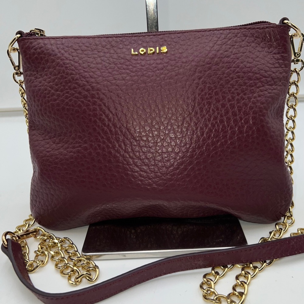 Lodis Burgundy Pebble Leather Crossbody Bag Gold Chain Strap Zip Top - Picture 2 of 11
